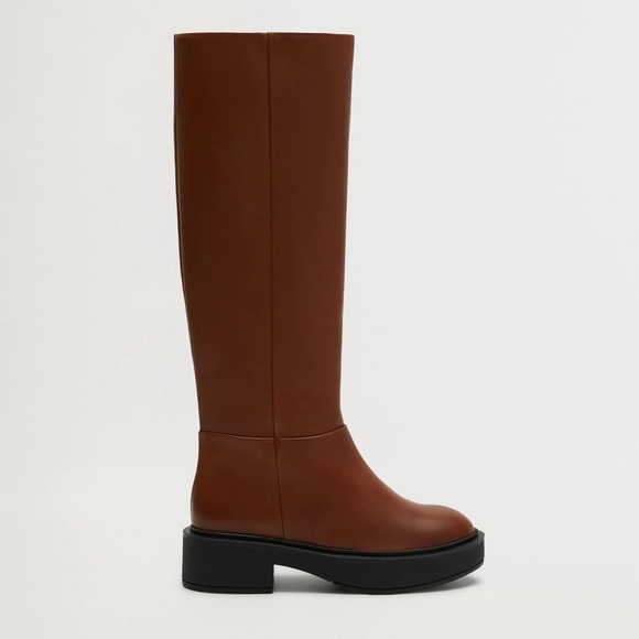NWT. Mango Brown 100% Bovine Leather Boots with Tall Leg. Size 6.
